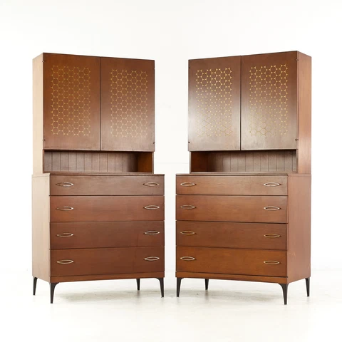 Heywood Wakefield Contessa Mid Century 4 Drawer Cabinet with Hutch - Pair Cover