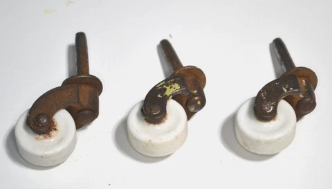3 Antique Porcelain Casters Wheels Furniture Rollers Cover