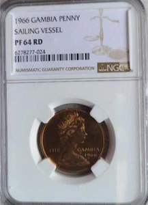 Gambia 1 Penny 1966 Sailing Vessel NGC PF 64 RD - Picture 1 of 2