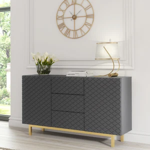 Sideboard 140cm Cabinet | Diamond Pattern | 3 Drawers 2 Doors | Grey Gold Legs - Picture 1 of 15