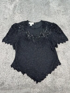 Laurence Kazar Top Womens XL Black Silk Sparkly Sequin Beaded Fairy Goth Vtg - Picture 1 of 8