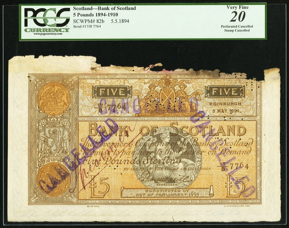1894 Scotland 5 Pounds 5.5.1894 Pick 82b PCGS Very Fine 20. - Image 1 of 2