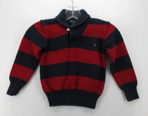 VINTAGE Ralph Lauren Polo Sweater Boys 6 Blue Red Shawl Neck Flesh Pony Striped - Picture 1 of 10