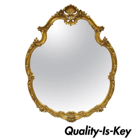 Large French Rococo Louis XV Style Shell and Floral Carved 65" Gold Wall Mirror Cover