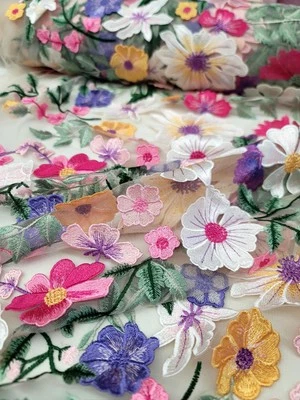 Lace Multicolor Embroidery 3d Pink Lavende Floral Fabric By The Yard White Mesh  - Image 1 of 4