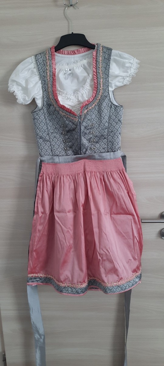 POIUIYQA Dirndl Damen 3-teilig - Trachtenkleid Mit Bluse & Schürze In Grau