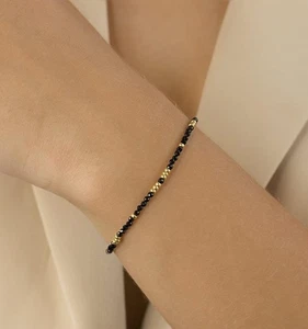 Pulseras rellenas de oro con cuentas redondas facetadas de espinela negra de 2 mm para mujer 6-8" - Imagen 1 de 10