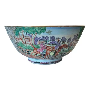 Antique Chinese Export Mandarin Palette Punch Bowl Hunting Subject Qing Dynasty - Picture 1 of 11