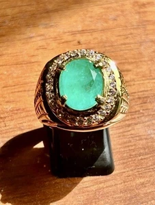 Natural Emerald Beryl Columbia with Silver 980 Golden Crome Ring - Picture 1 of 7