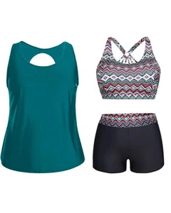 Women Blue Green Plus Size 3 Piece Tankini Swimsuits Athletic Bathing Suits w... - Picture 1 of 6