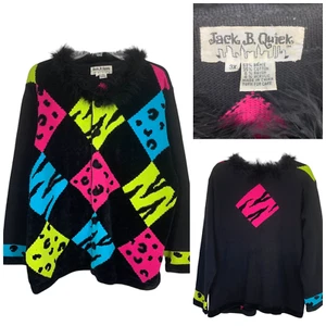 Vintage Y2K Jack B. Quick Plus Sz 3X Fur Collar Novelty Diamond Cardigan Sweater - Picture 1 of 7