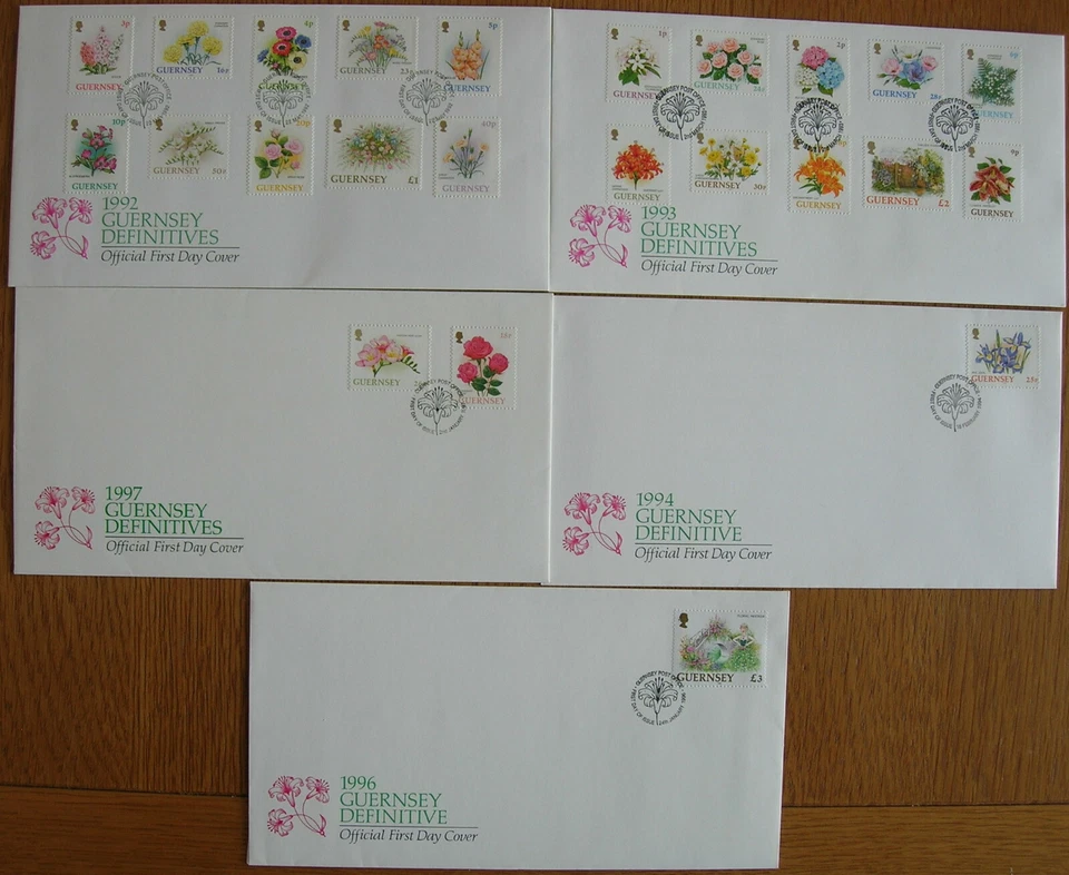 GUERNSEY 1992/1997 FLOWERS SET of 24 on 5 UNADDRESSED FIRST DAY COVERS - Image 1 of 1