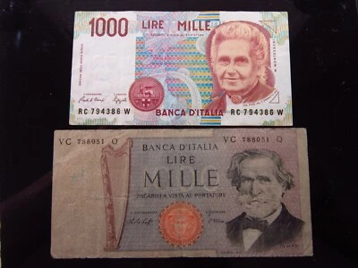 Italy 1000 Lire 1969 & 1000 Lire 1990 4386h90 Pair d'Italia Italia Bank Money - Image 1 of 2