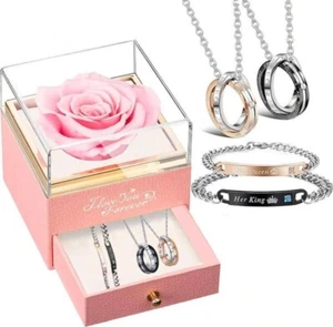Best Friend Matching Necklace Bracelets Couples Husband Wife BF GF Rose Gift Box - Picture 1 of 6
