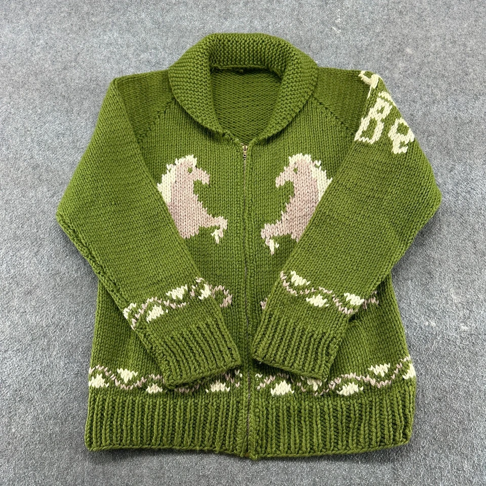 Suéter Cowichan De Colección Para Hombres XL Verde Cremallera Completa Mantón de Lana Nativo Rueda de la Paz Años 50 Foto 1 de 4