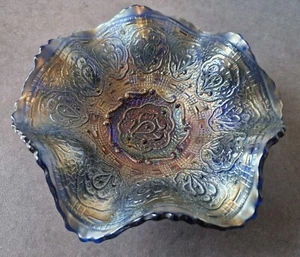 Antique FENTON Persian Medallion CARNIVAL GLASS Cobalt Blue Bowl Dish Classic 6" - Picture 1 of 8