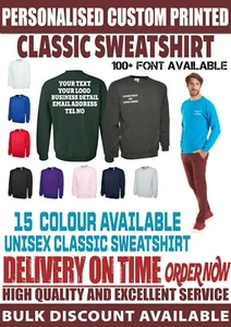 Custom Printed Personalised Sweatshirt Jumper your text, logo uniform workwear - Picture 1 of 12