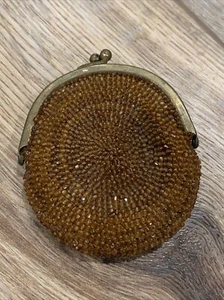 RARE Vintage Gorgeous Beaded Orange Gold Snap Metal Coin Purse Suede Interior - Picture 1 of 12