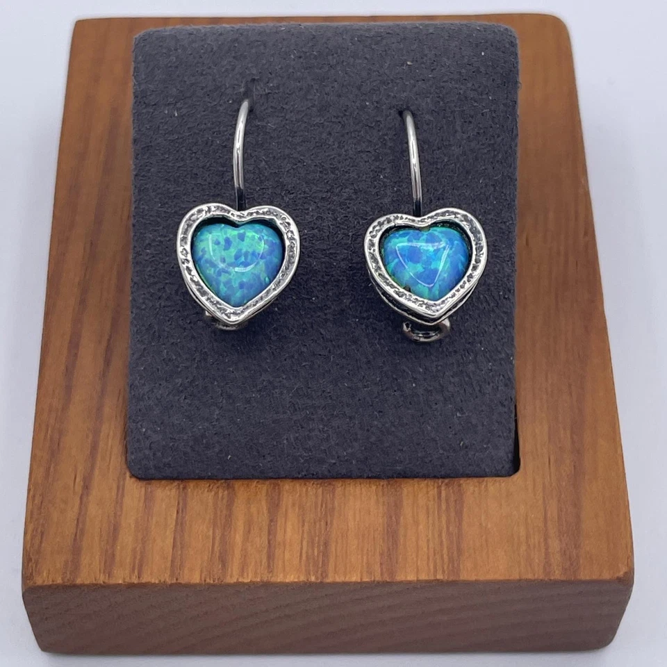 Brincos pendentes de prata esterlina com coração de opala azul laboratório Israel Shablool 925 vintage - Imagem 1 de 4