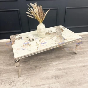 Luxury Louis 1.3m Chrome Legs Coffee Table Cream Pandor Marble for Living Room - Picture 1 of 9