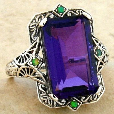 ANTIQUE STYLE 925 STERLING SILVER 6 CT LAB-CREATED AMETHYST & OPAL RING     #301 - Image 1 of 4