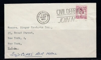 INGLATERRA Cubierta Comercial Birmingham a Nueva York 19-9-1962 Cancelar Foto 1 de 2