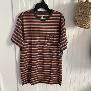 VOLCOM Sylvan Mens Striped Pocket Crew T- Shirt Tee Asphalt Black S Retro - Picture 1 of 8