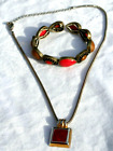Vintage Halskette Stein Armband Rot Emaille Quadratisch Schiebe Anhänger Schlange Kette Goldton