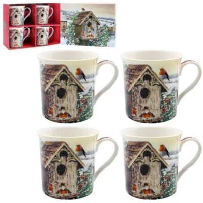Lot de 4 tasses Robin en os Chine en boîte cadeau de Noël oiseau poitrine rouge - Photo 1/3