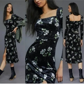 Vestido Hutch Para Mujer XSP Negro Floral Terciopelo Cintura Imperio Abertura Lateral Romántico Midi - Imagen 1 de 16
