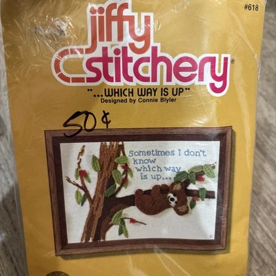 Vintage 1980 JIFFY Stitchery " Which Way Is Up?" Crewel Embroidery Kit #518 - Image 1 of 4