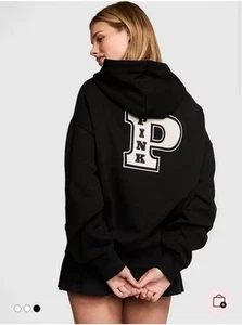 Victoria’s Secret Pink Black Giant Ecru P Logo Embroidered FullZip Hoodie XLarge - Picture 1 of 7