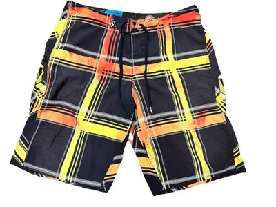 Volcom Boardies 33 4-Way Stretch Surf Swim Shorts Maguro Stripe Yellow/Red - Image 1 of 4