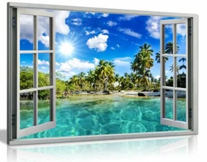 Caribbean Beach Holiday 3D Window Effect Canvas Wall Art Picture Print - Picture 1 of 5