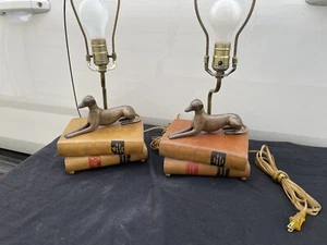 VINTAGE PAIR BRONZE WHIPPET/GREYHOUND DOGS ON BOOKS TABLE LAMPS 19” X 9” X 7” - Picture 1 of 10