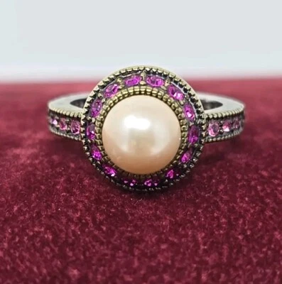 Heidi Daus Cocktail Ring Size 8 Pink Pave Crystal Faux Pearl Retired READ - Image 1 of 4