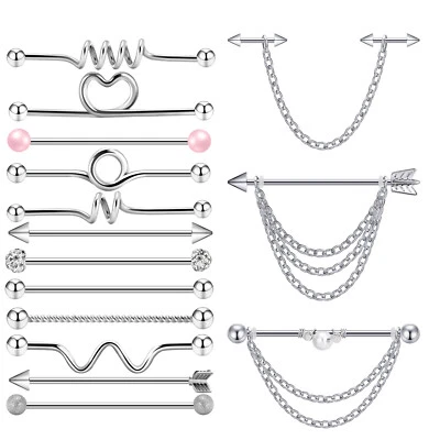 15PCS Industrial Barbell 316L Steel Chain Earring Cartilage Body Piercing 14G - Image 1 of 4