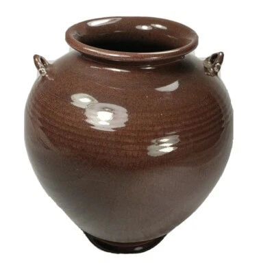 Brown Crackled Glaze Vase 9" Crock Two Handles     Sansai Pottery Vase Thailand  - Image 1 of 4