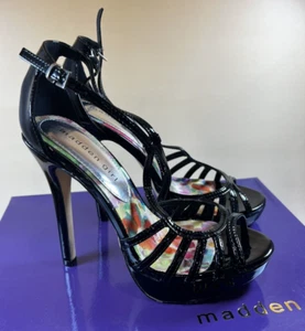 NUEVO Tacones de aguja Jager de charol negro Madden Girl, punta abierta, talla 7 - Imagen 1 de 9