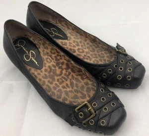 JESSICA SIMPSON black buckle toe wedge loafers pumps SZ 6 Cheetah print Inside - Foto 1 di 8