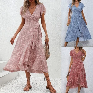 Womens V Neck Floral Boho Midi Wrap Dress Summer Holiday Beach Swing Sundress US - Picture 1 of 20