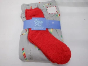 WOMENS LARGE GRAY CANDY CANES FLEECE SLEEP PANTS AND COZY SOCKS NEW #22008 - Picture 1 of 2
