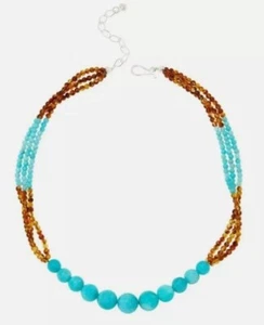 Collana Perline Perline Argento Sterling 18" Amazzonite Peruviana e Ambra 3 Filati - Foto 1 di 3
