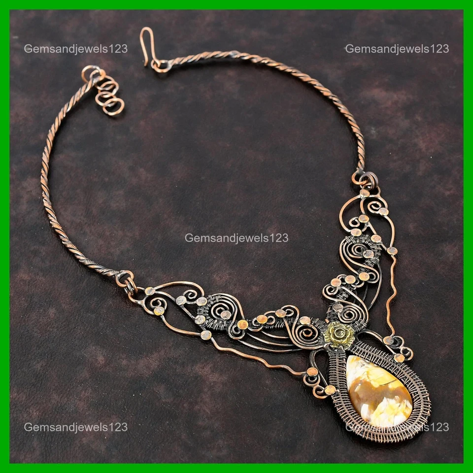 Collar de flores envuelto en alambre cadena de piedras preciosas mocaíta brechas joyería cobre Foto 1 de 1