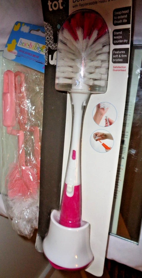 Lot of 2 Pink Bottle Brushes OXO Tot with Stand & Best Baby Swivel Handle Brush - Image 1 of 4