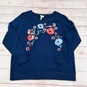 St. John's Bay Crew Neck Embroidered Sweater Navy Blue with Floral Size 2XL - Picture 1 of 9