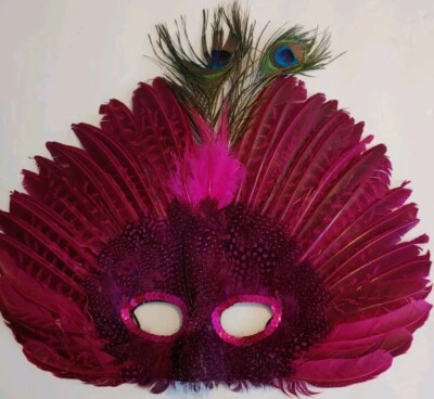 Large Pink Color Feather. Halloween Party Mask,Peacock,Bird 14x14,Sequin Eye  - Image 1 of 4