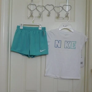 NWT 2pc Nike White Green Blue Logo Top & Green Shorts Set sz 5 or 6 - Picture 1 of 1