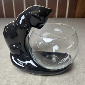 Scultura vintage in ceramica gatto nero Royal Haeger con ciotola pesce 1996 Halloween - Foto 1 di 10