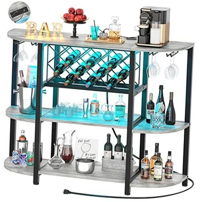  Armário de barra de café de metal 4 camadas com tomada e luz LED, carvalho claro - Imagem 1 de 4